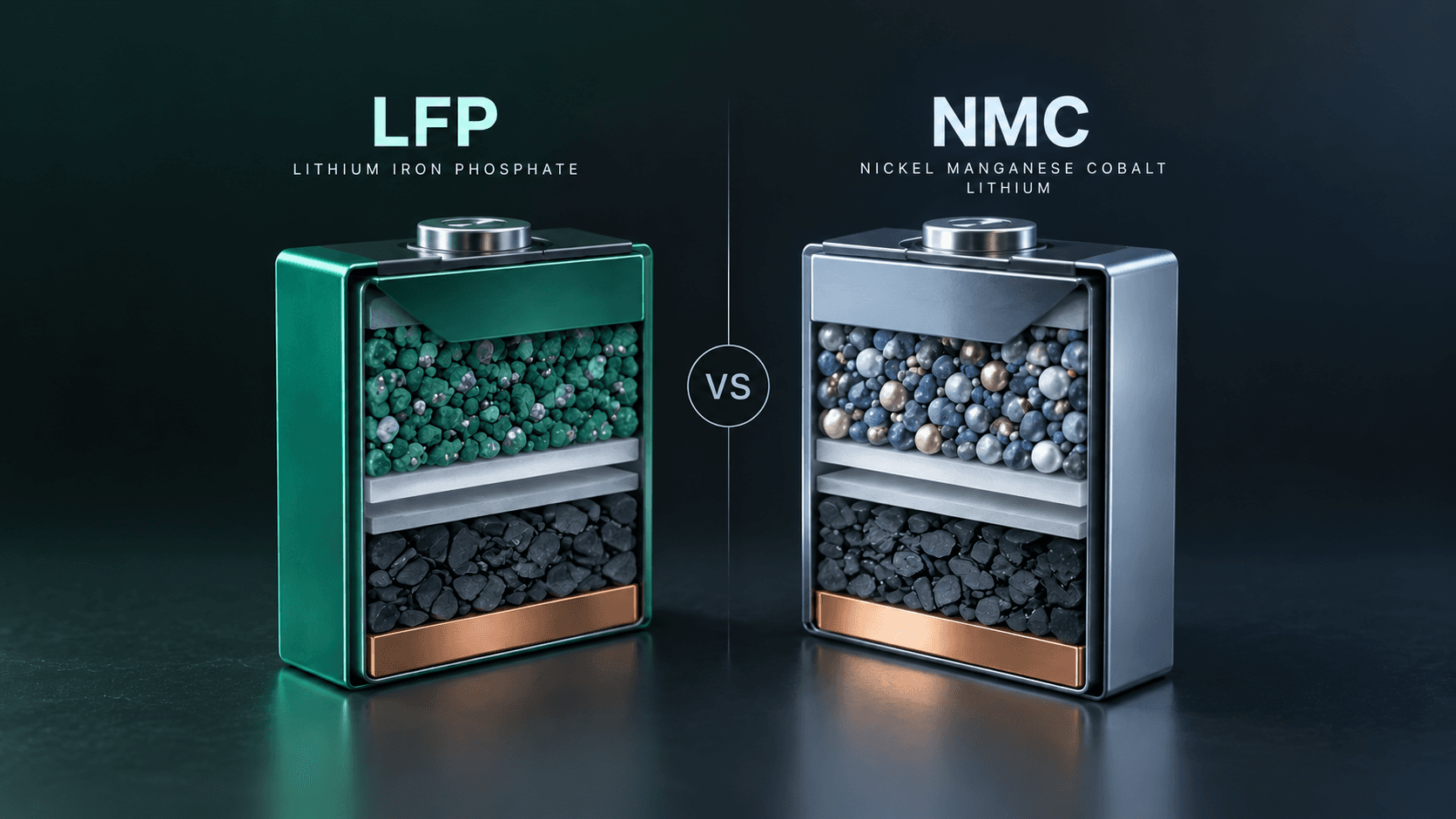 To battericeller i gennemskåret snit ved siden af hinanden. Den venstre, mærket LFP for lithium-jernfosfat, har grønt hus og grønne katodekorn. Den højre, mærket NMC for nikkel-mangan-kobolt, har sølvfarvet hus og blandede blå, grå og bronzefarvede katodekugler. Begge hviler på en separator, et mørkt grafitlag og en kobberfolie.